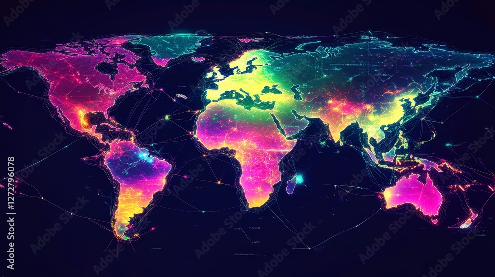 Poster colorful abstract world map with neon bright lines and patterns