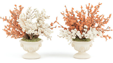 Blossoming Arrangements in Decorative Vases Orange and White Floral Display Indoor Decor Pieces.