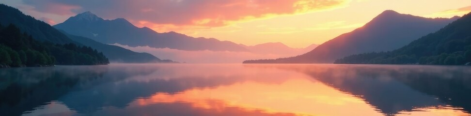 Fototapeta premium Serene lake at sunrise with misty mountains in the background, peaceful, reflection