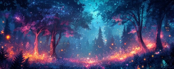 Fototapeta premium Fantasy forest adventure neon colors magic digital art ethereal setting wide view vivid imagination
