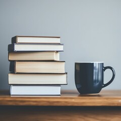 Fototapeta premium Stack of books beside a coffee cup on a wooden table against a gray wall