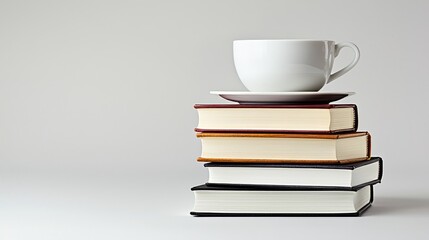 Naklejka premium Stack of books with a white cup and saucer on top, minimalist background setting