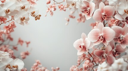 Obraz premium Elegant orchids in shades of white and pink paired with delicate lilies, arranged as a refined border along the top and bottom edges, blank white space in the center for text, soft natural lighting,
