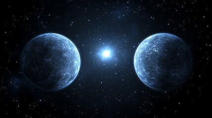 Fototapeta premium Celestial Twin Planets in a Cosmic Dance Around a Distant Star System Outer Space Exploration.