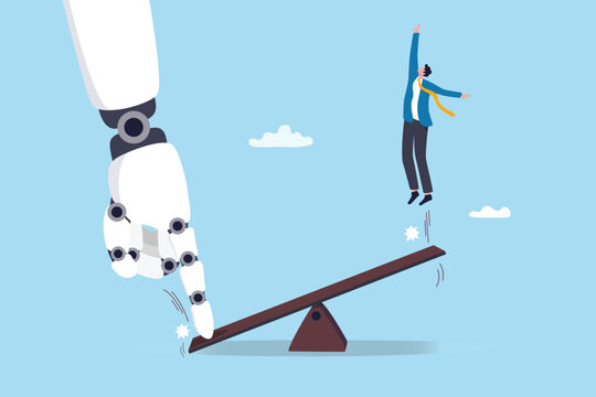 Artificial intelligence to support and help business success, AI automation tech, innovation boost employee development, assistant for improvement concept, robot hand help businessman jump on seesaw.
