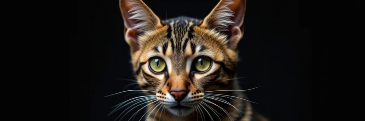 A striking close-up of a Bengal cat, showcasing its captivating green eyes and unique coat pattern against a dark background. Perfect for pet-related projects.