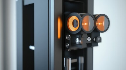 Futuristic Technology: Close-up of a Sleek, High-Tech Device with Glowing Orange Lenses