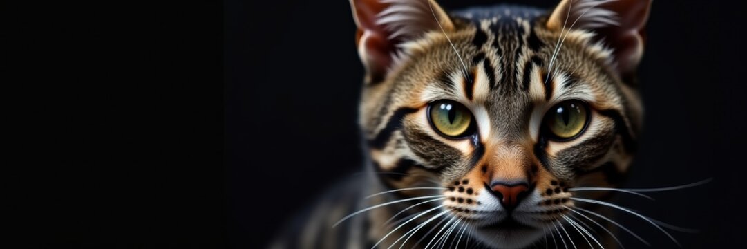 A striking close-up of a Bengal cat's face, showcasing its unique markings and captivating eyes against a dark backdrop. Perfect for pet-related content or nature-themed projects.
