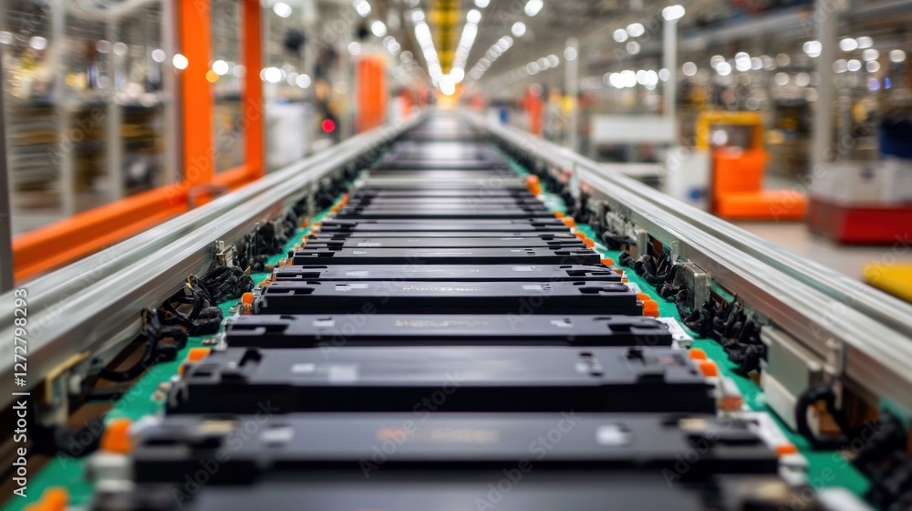 Poster a production line with battery modules in a factory setting.