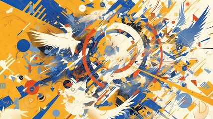 Abstract design with wings, vibrant colors, dynamic shapes. Possible use Background image