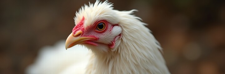 Fototapeta premium Captivating close-up of a white chicken, showcasing its unique features and vibrant colors, perfect for agricultural, culinary, or pet care projects.
