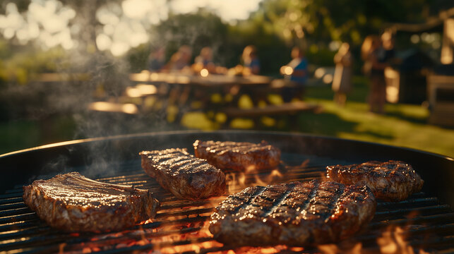 National BBQ Day, steak and rib cuts grilled on the grill with billowing smoke and glowing red embers, Ai generated images