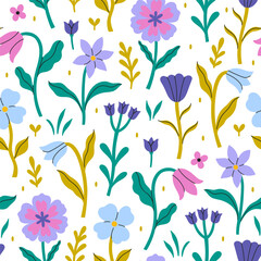 Seamless pattern with different flowers on white background. Vector graphics.