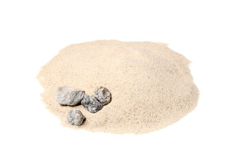 Heap of light beach sand with stones on white background
