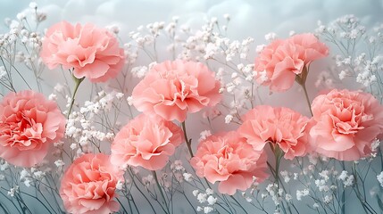 Gentle intertwining of pastel pink carnations and baby's breath forming a soft border, central copy space with a pale textured backdrop, glowing natural light, hd textures,