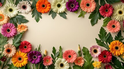 Obraz premium Gerbera daisies in bright multicolored hues forming a lively floral frame, soft green leaves adding texture, central area left blank with a light cream background, soft morning light, hd clarity,