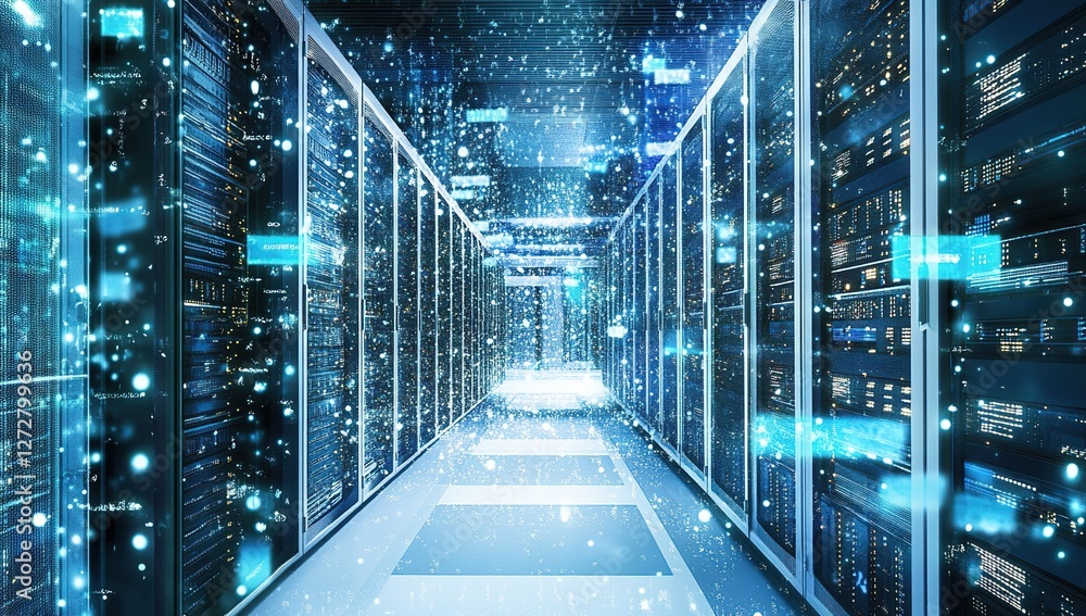 Poster exploring data centers: servers, networks, and the digital flow of information in modern computing i