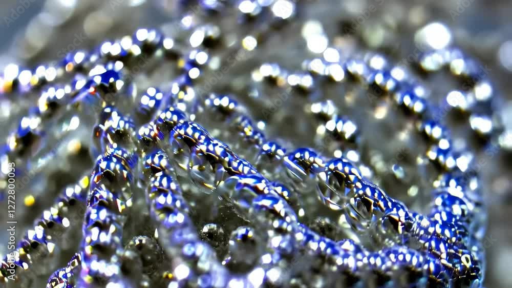 Poster microscopic silver bubbles creating iridescent chains, generating delicate light refracting patterns