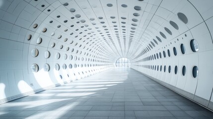 Modern architectural tunnel, light-filled walkway, empty passageway, use for architectural design, interior design, or commercial spaces