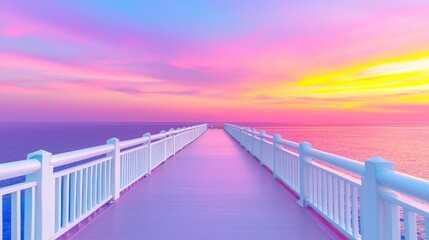 Fototapeta premium Long white pier extending into a calm ocean under a vibrant pastel pink and purple sunset sky.