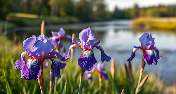 Vibrant Purple Bearded Iris Flowers Blooming Near a Calm Lake in a Natural Outdoor Setting