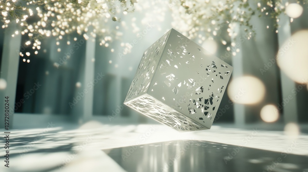 Poster a floating, intricately designed cube illuminated by soft light and surrounded by ethereal elements.