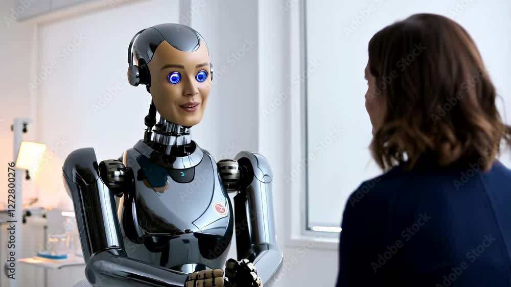 Poster humanoid robot with glowing blue eyes conversing with scientist, highlighting cutting edge artificia