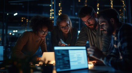 Night work. Diverse team collaborating on laptops in a modern office. Focus on teamwork and modern office