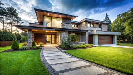 A modern house standing amidst a lush green lawn with a winding stone pathway leading to the front door , contemporary architecture, modern home