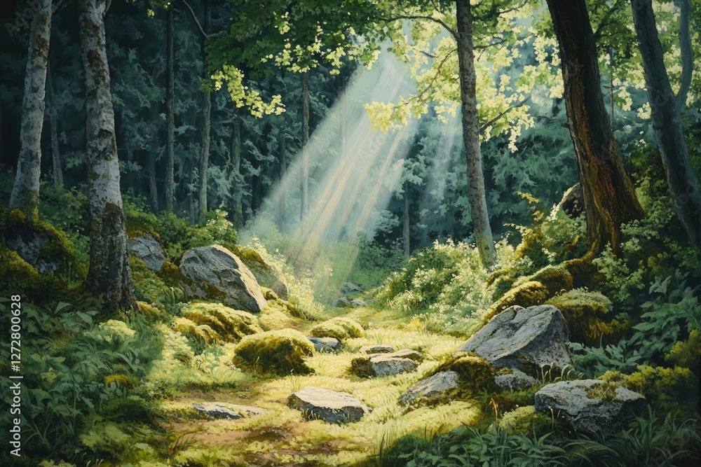 Poster sunbeams illuminate a serene forest path, dappled sunlight filtering through trees and mossy rocks.
