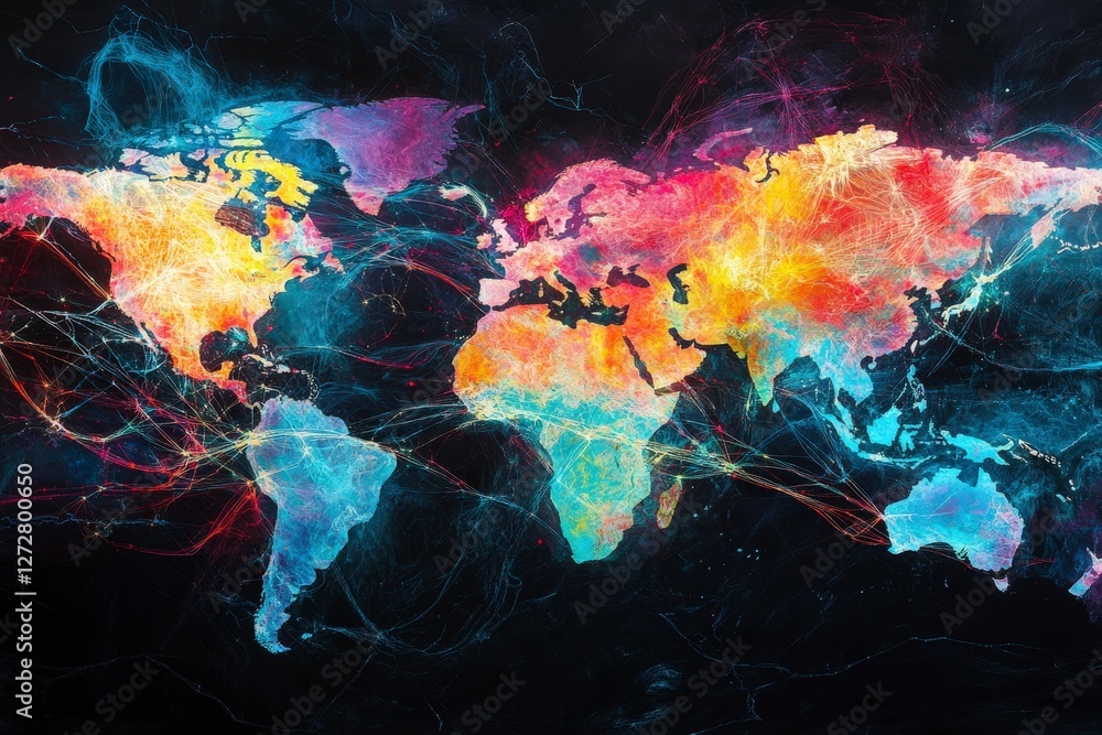 Poster colorful abstract world map with dynamic lines on dark background