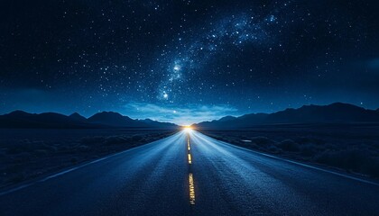 A winding highway under a starry night sky, ideal for travel promotions, contemplative themes, or designs for road trip events. Perfect for inspirational quotes or branding.