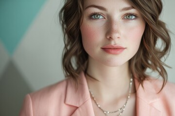 Close-up portrait of a young woman with freckles and wavy brown hair, wearing a pink blazer and delicate necklace.