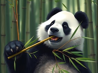 Obraz premium Cute Panda Eating Bamboo in a Forest