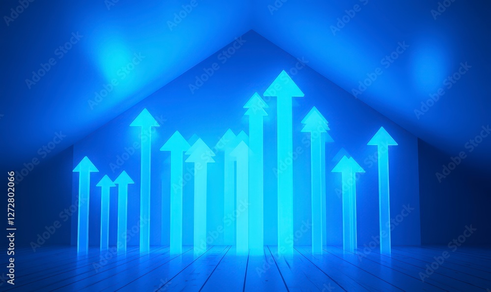 Poster blue arrow graphs in a geometric space with an abstract background