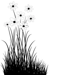 Daisies Amidst Grass Blades Silhouette Vector Graphic Whimsical Botanical Illustration Black and White.