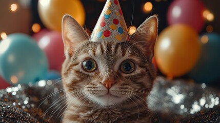 adorable birthday celebration featuring a cute cat wearing a party hat with colorful balloons,festive decorations in the background