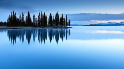 Obraz premium Tranquil lake at dawn reflecting pine trees and mountains under a blue sky