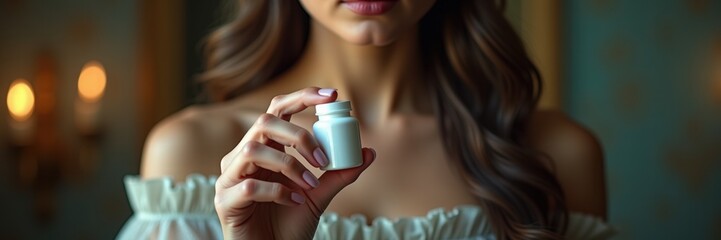 A close-up of a woman holding a small white bottle, ideal for wellness, beauty, or pharmaceutical promotions.