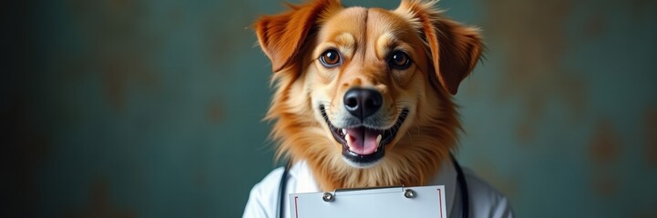 A charming dog wearing a lab coat, symbolizing a friendly and approachable veterinary practice. Perfect for pet care and veterinary marketing materials.