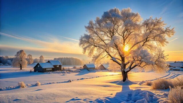 Hoarfrost gently clings to a tree's boughs as morning sun casts a warm glow on a peaceful winter landscape in the snowy village, inviting serenity and wonder , forest, peaceful