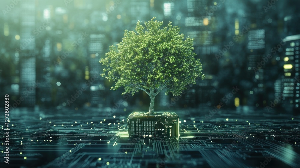 Poster a digital tree grows from a circuit board, symbolizing the fusion of nature and technology.