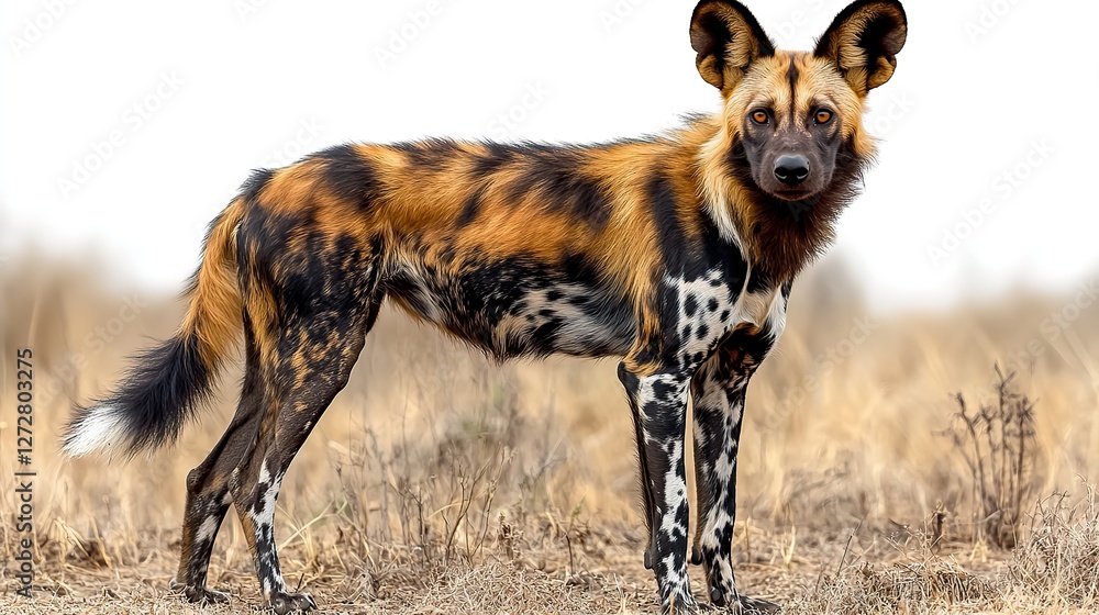 Poster african wild dog standing alert with distinctive coat pattern on transparent background for easy int