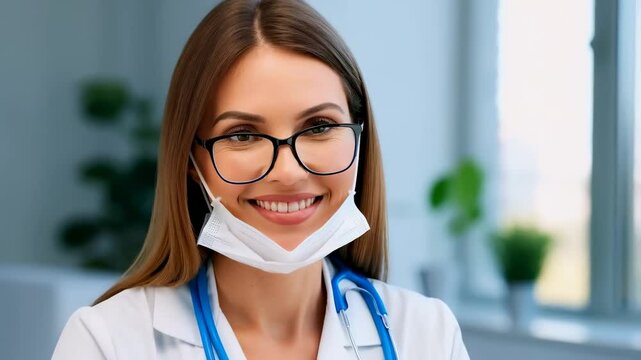 Professional female physician in white lab coat and surgical mask adjusting eyeglasses, warmly smiling while standing in clinical setting with clean white background