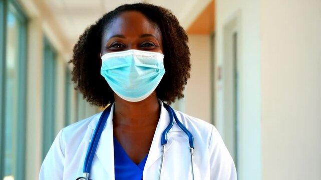 African American female healthcare professional wearing white coat, stethoscope, protective mask, standing confidently in hospital corridor, smiling