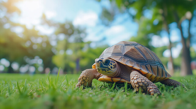 World Turtle Day, a large land turtle with a textured shell is walking slowly on the green grassland, Ai generated images