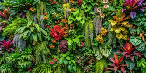 Lush tropical plants cascade down a majestic green garden wall, surrounded by vibrant foliage and colorful blooms, tropical theme, jungle decor