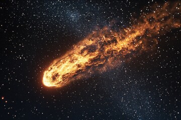 Obraz premium A fiery comet streaks across a star-studded cosmos, leaving a blazing trail of incandescent gas and dust.