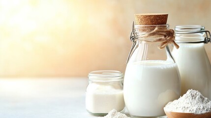 Creamy Delights: Assortment of Dairy Products. A captivating image showcases an array of dairy delights, including fresh milk in vintage bottles.