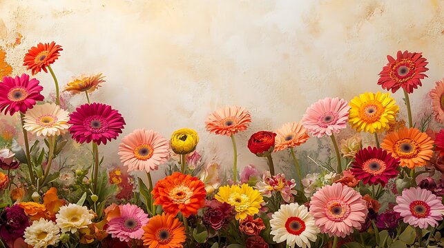 Multicolored gerbera daisies with bright hues of pink, orange, yellow, and red, symmetrically framing the image, central blank space left open with a light textured backdrop, softly diffused sunlight,